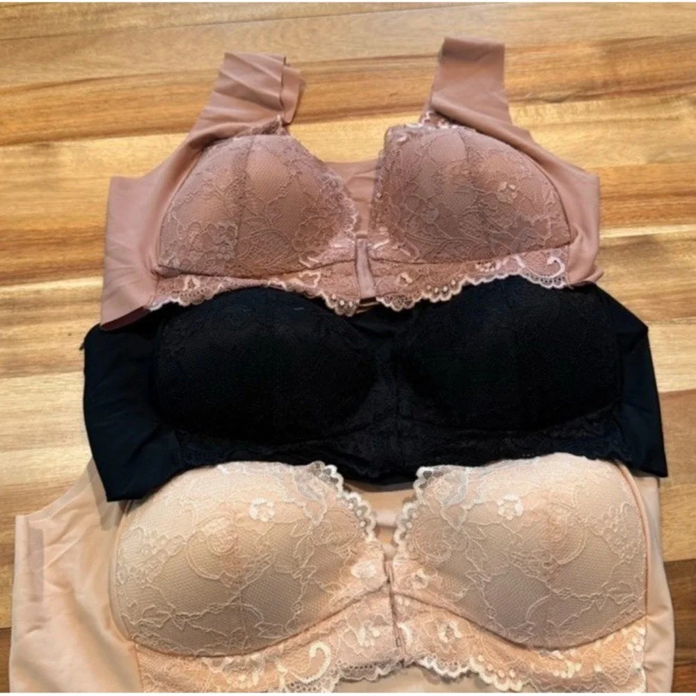Lot of 3 Women's XXL Lace Bras Padded Full Coverage Tan Beige Black Coquette